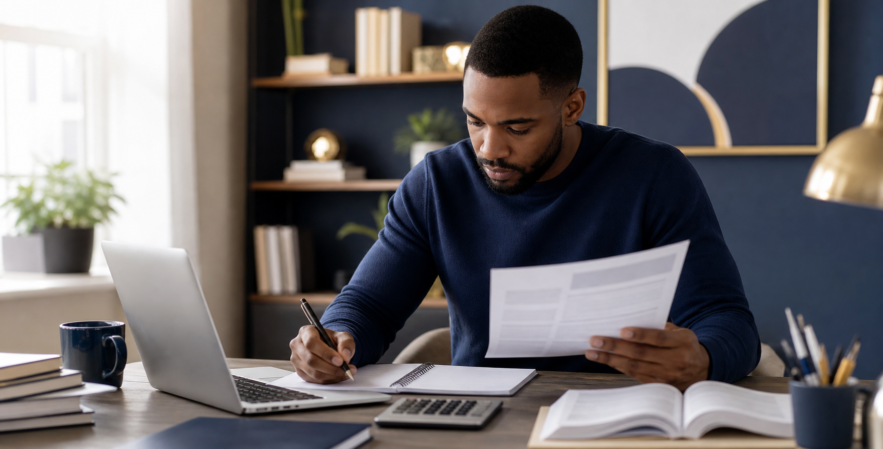 Aspiring mortgage professional studying at a home-office desk